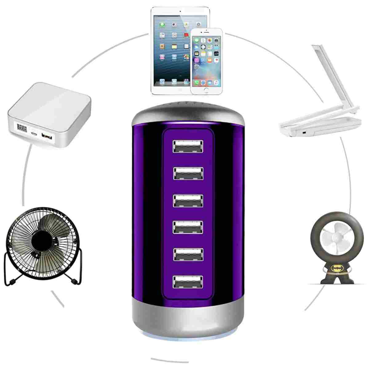 Universal USB Charger 6-Port Desktop USB Charging Station Hub with Smart Identification Technology Compatible with iPhone iPad Cell Phone Tablets(Purple)