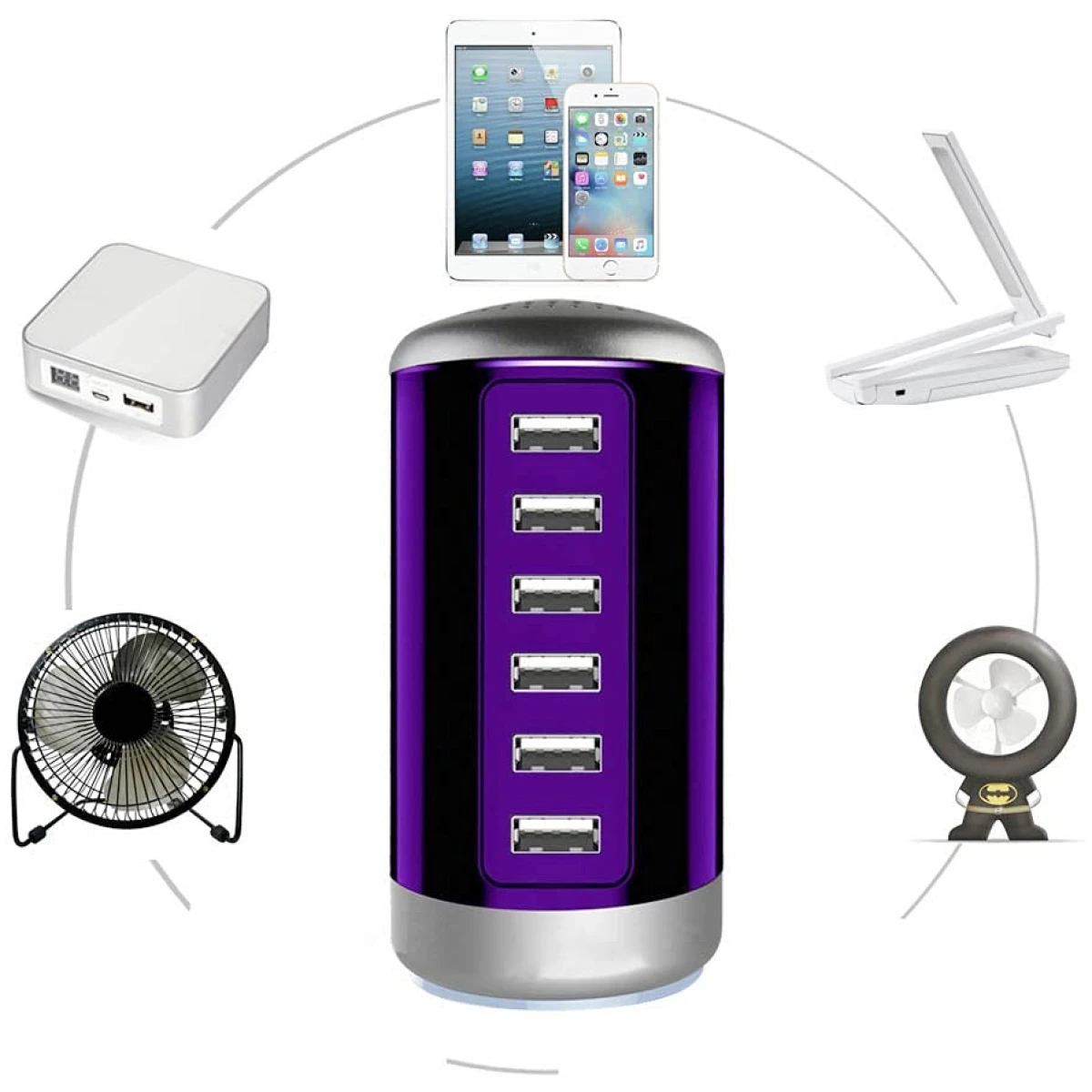 Universal USB Charger 6-Port Desktop USB Charging Station Hub with Smart Identification Technology Compatible with iPhone iPad Cell Phone Tablets(Purple)