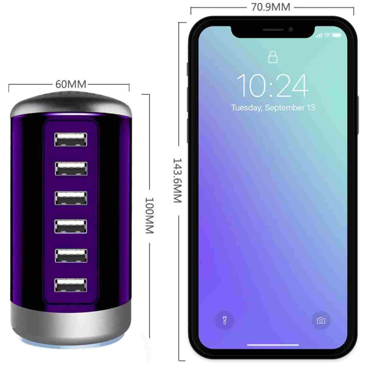 Universal USB Charger 6-Port Desktop USB Charging Station Hub with Smart Identification Technology Compatible with iPhone iPad Cell Phone Tablets(Purple)