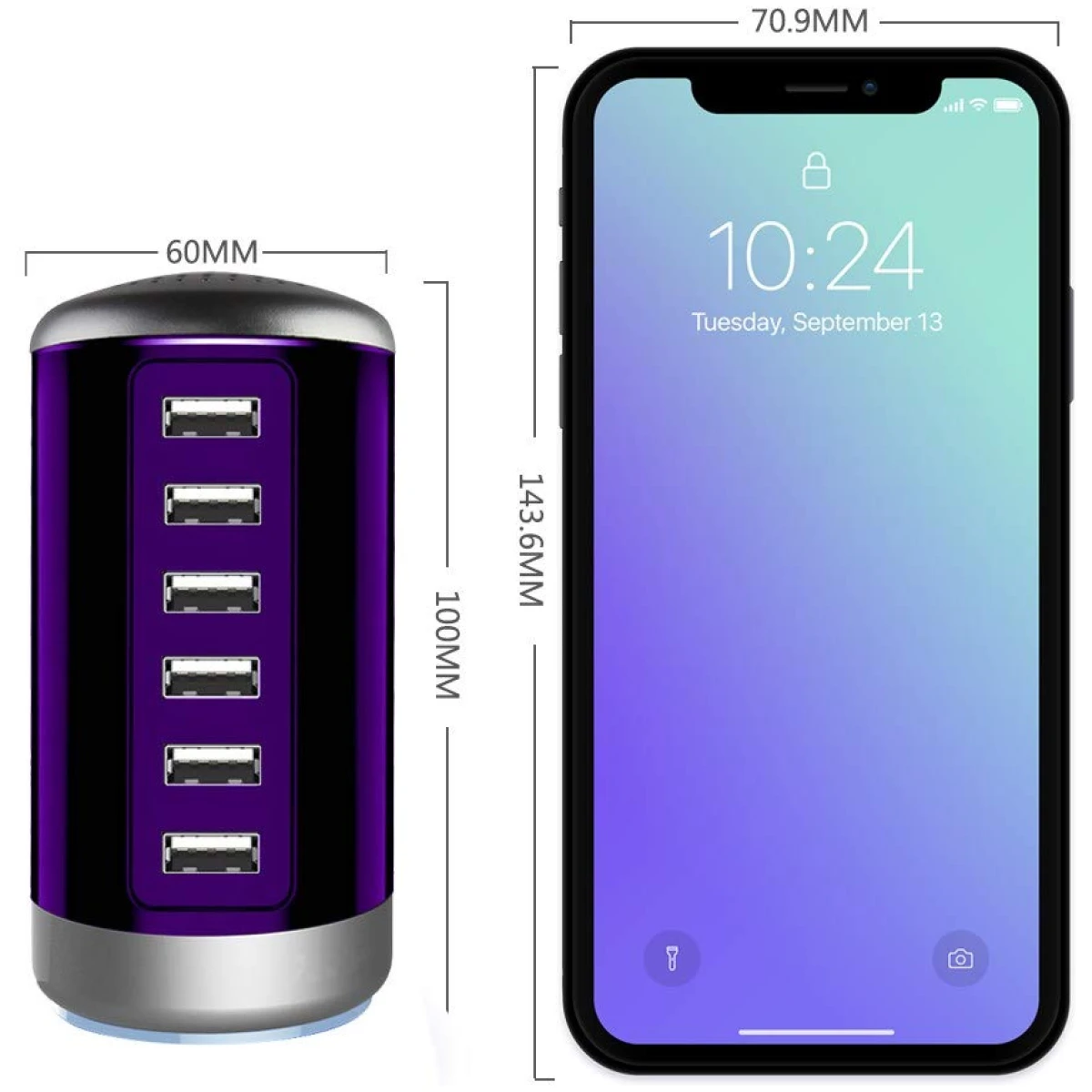 Universal USB Charger 6-Port Desktop USB Charging Station Hub with Smart Identification Technology Compatible with iPhone iPad Cell Phone Tablets(Purple)