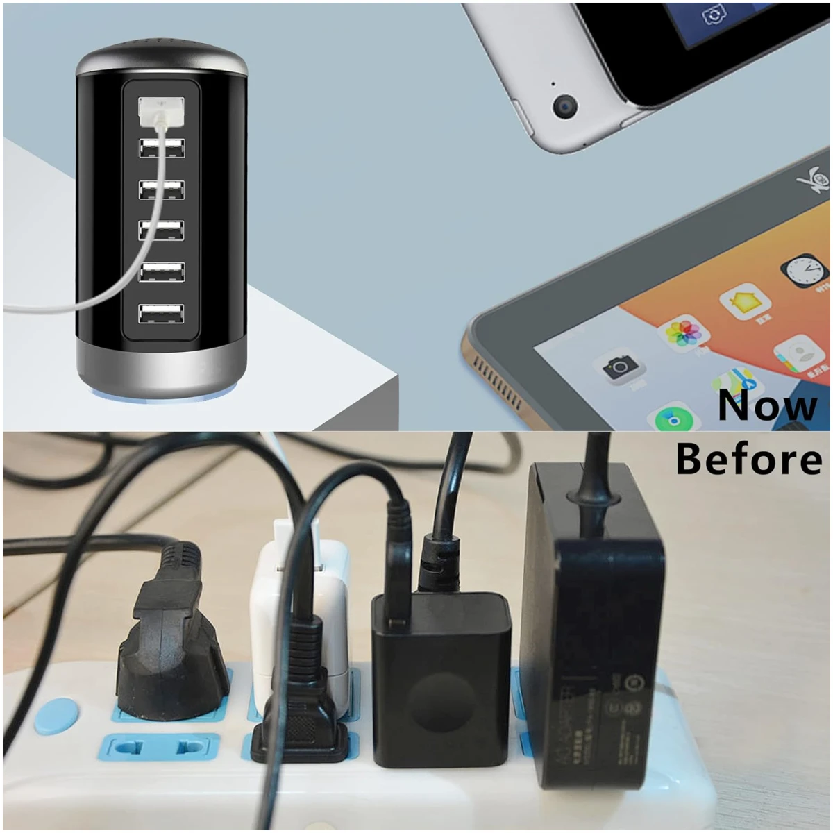 Universal USB Charger 6-Port Desktop USB Charging Station Hub with Smart Identification Technology Compatible with iPhone iPad Cell Phone Tablets(Purple)