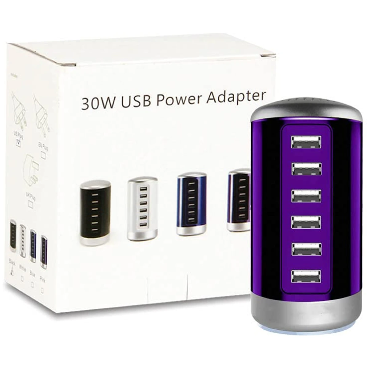 Universal USB Charger 6-Port Desktop USB Charging Station Hub with Smart Identification Technology Compatible with iPhone iPad Cell Phone Tablets(Purple)