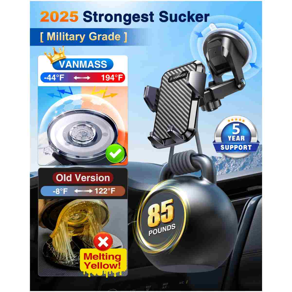 VANMASS 【85+LBS Strongest Suction & Military-Grade 2025 Ultimate Car Phone Mount【Patent & Safety Certs】 Cell Phone Holder Truck Stand for Dashboard Windshield Vent for iPhone 16...