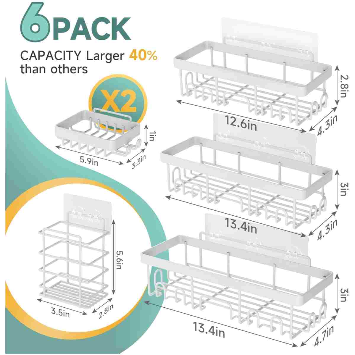 Veken 6-Pack Rustproof and Waterproof Shower Caddy,Adhesive Shelves Rack with Soap Holder, Large Capacity Bathroom Organizers and Storage, No Drilling Wall-Mounted Kitchen &...