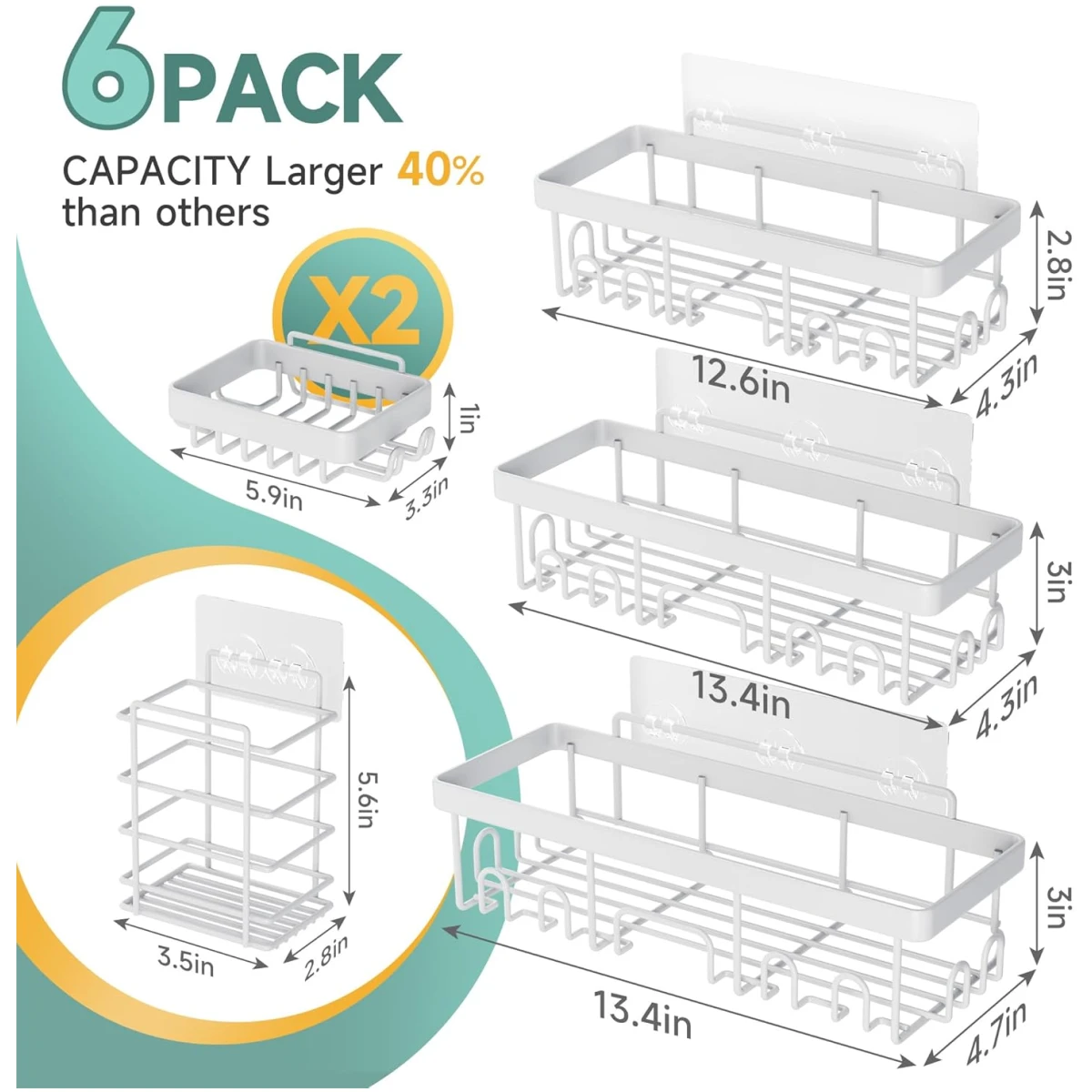 Veken 6-Pack Rustproof and Waterproof Shower Caddy,Adhesive Shelves Rack with Soap Holder, Large Capacity Bathroom Organizers and Storage, No Drilling Wall-Mounted Kitchen &...