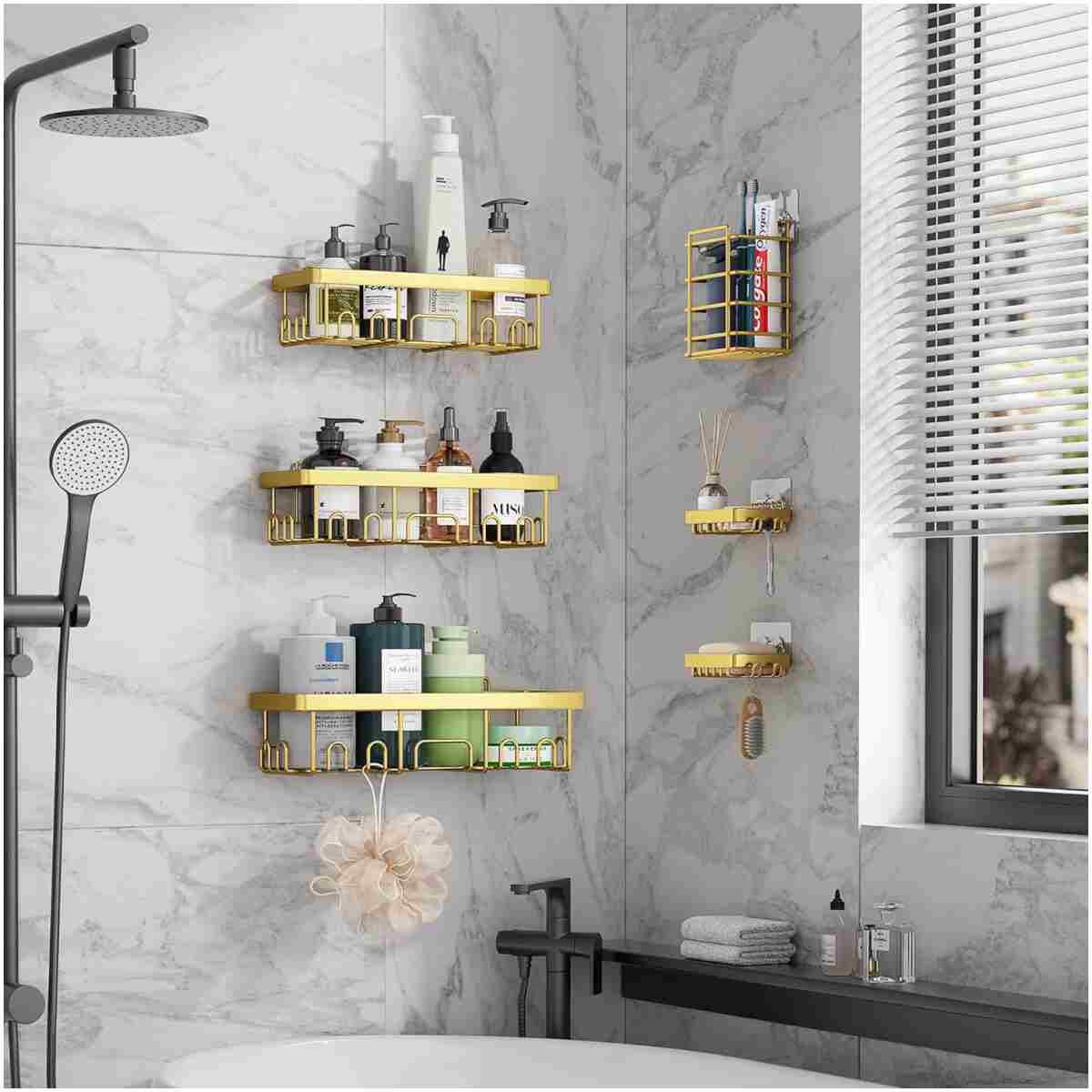 Veken Adhesive Shower Caddy 6-Pack,Gifts for Women Mom,Heavy Weight Bearing,Large Wall Mounted Bathroom Shelves Rack,Organizer Storage Accessories with Soap Dish&Toothbrush...