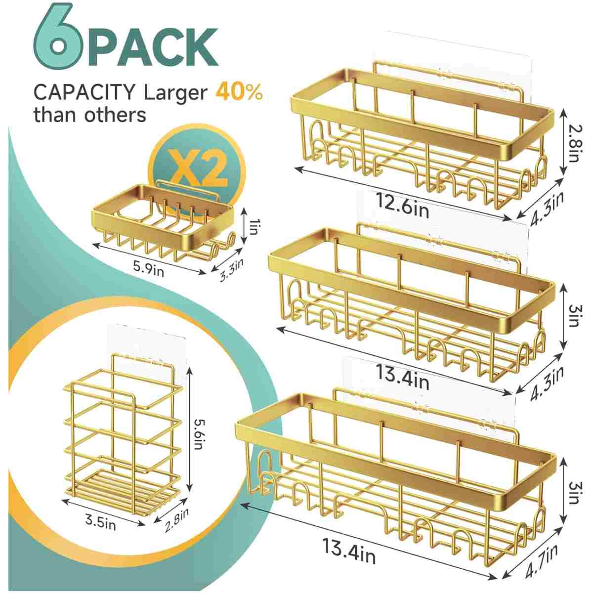 Veken Adhesive Shower Caddy 6-Pack,Gifts for Women Mom,Heavy Weight Bearing,Large Wall Mounted Bathroom Shelves Rack,Organizer Storage Accessories with Soap Dish&Toothbrush...