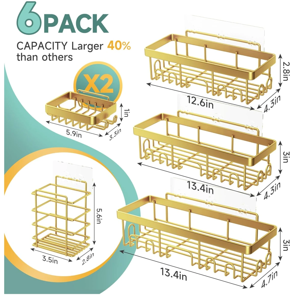 Veken Adhesive Shower Caddy 6-Pack,Gifts for Women Mom,Heavy Weight Bearing,Large Wall Mounted Bathroom Shelves Rack,Organizer Storage Accessories with Soap Dish&Toothbrush...