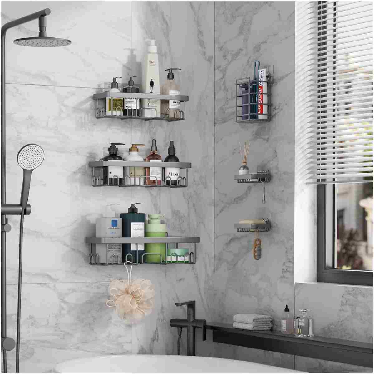 Veken Rustproof&Waterproof Shower Caddy 6-Pack,Heavy Weight Bearing,Large Wall Mounted Shower Shelves Rack,Organizer Storage Accessories with Soap Dish&Toothbrush Holder,Ideal...