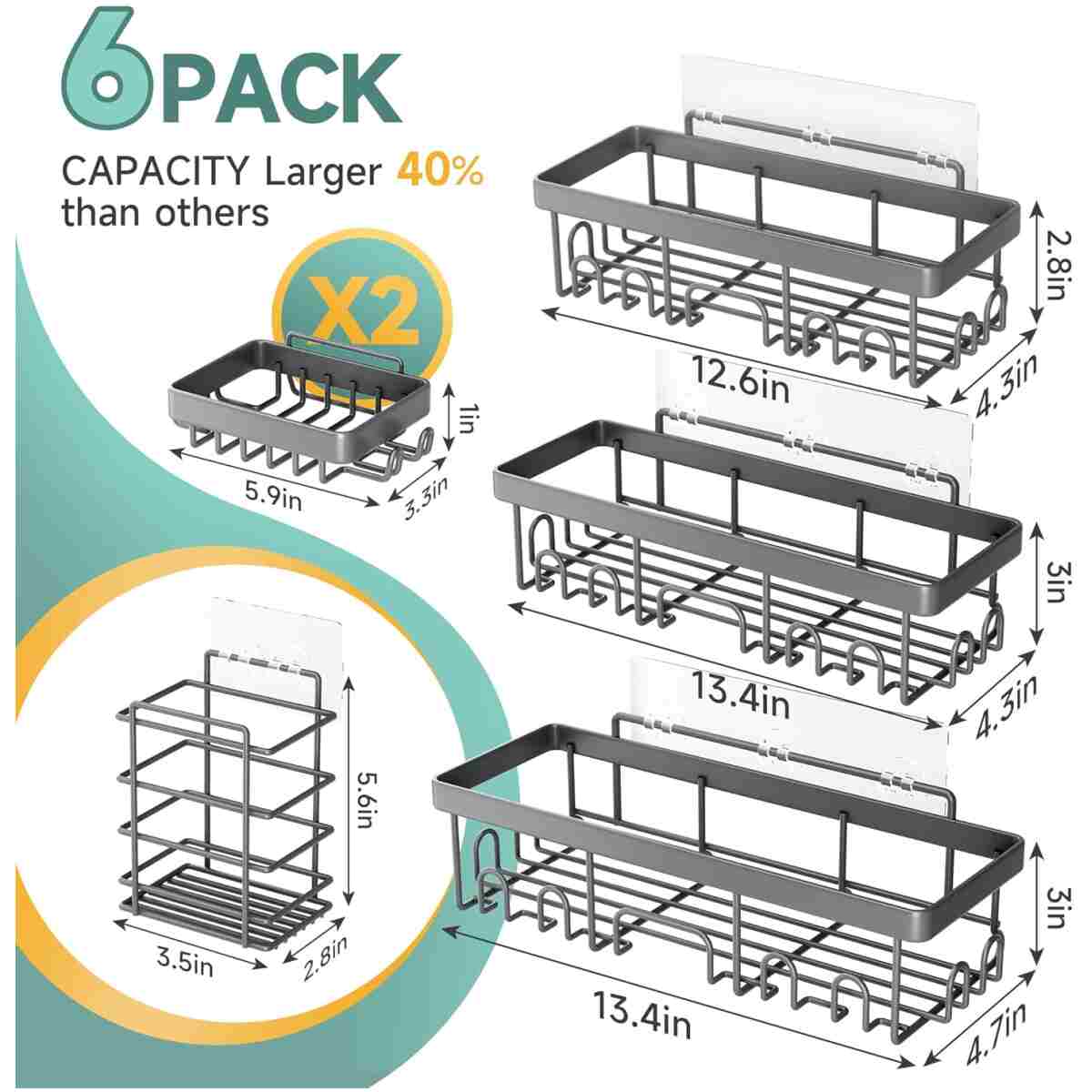 Veken Rustproof&Waterproof Shower Caddy 6-Pack,Heavy Weight Bearing,Large Wall Mounted Shower Shelves Rack,Organizer Storage Accessories with Soap Dish&Toothbrush Holder,Ideal...