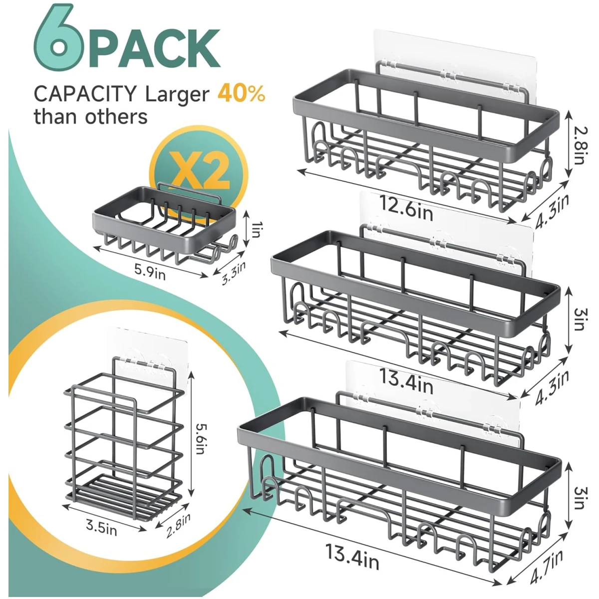 Veken Rustproof&Waterproof Shower Caddy 6-Pack,Heavy Weight Bearing,Large Wall Mounted Shower Shelves Rack,Organizer Storage Accessories with Soap Dish&Toothbrush Holder,Ideal...
