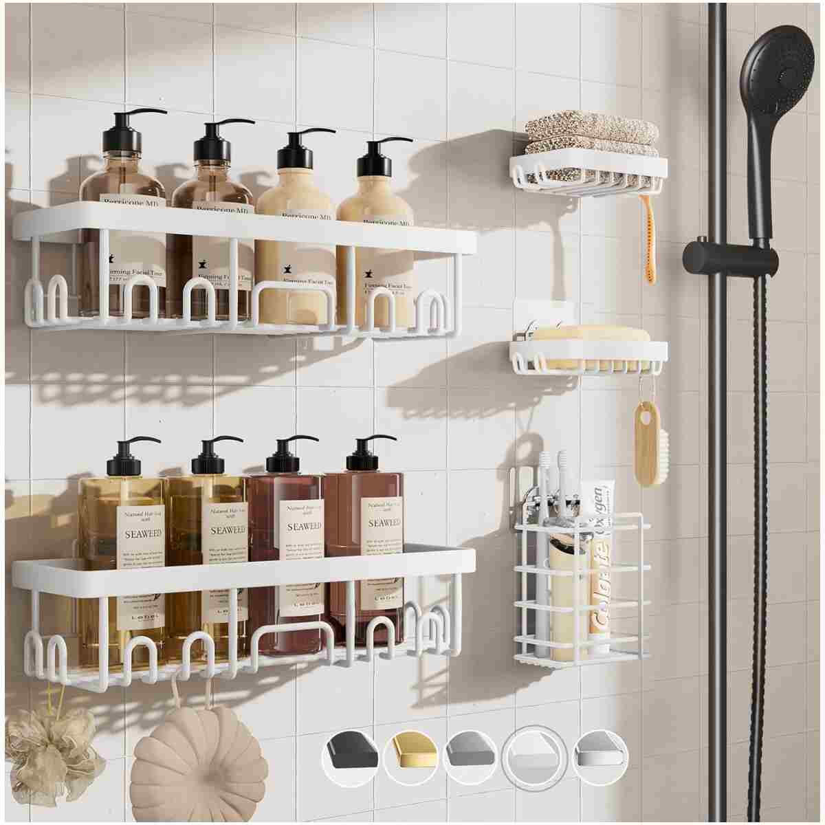 Veken Rustproof&Waterproof Shower Caddy 6-Pack,Heavy Weight Bearing,Large Wall Mounted Shower Shelves Rack,Organizer Storage Accessories with Soap Dish&Toothbrush Holder,Ideal...