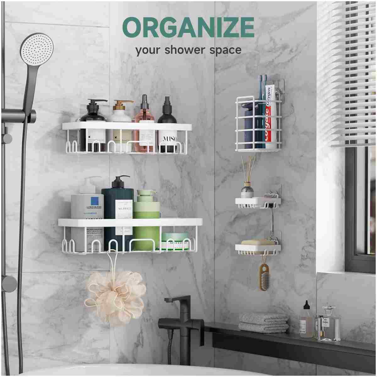 Veken Rustproof&Waterproof Shower Caddy 6-Pack,Heavy Weight Bearing,Large Wall Mounted Shower Shelves Rack,Organizer Storage Accessories with Soap Dish&Toothbrush Holder,Ideal...