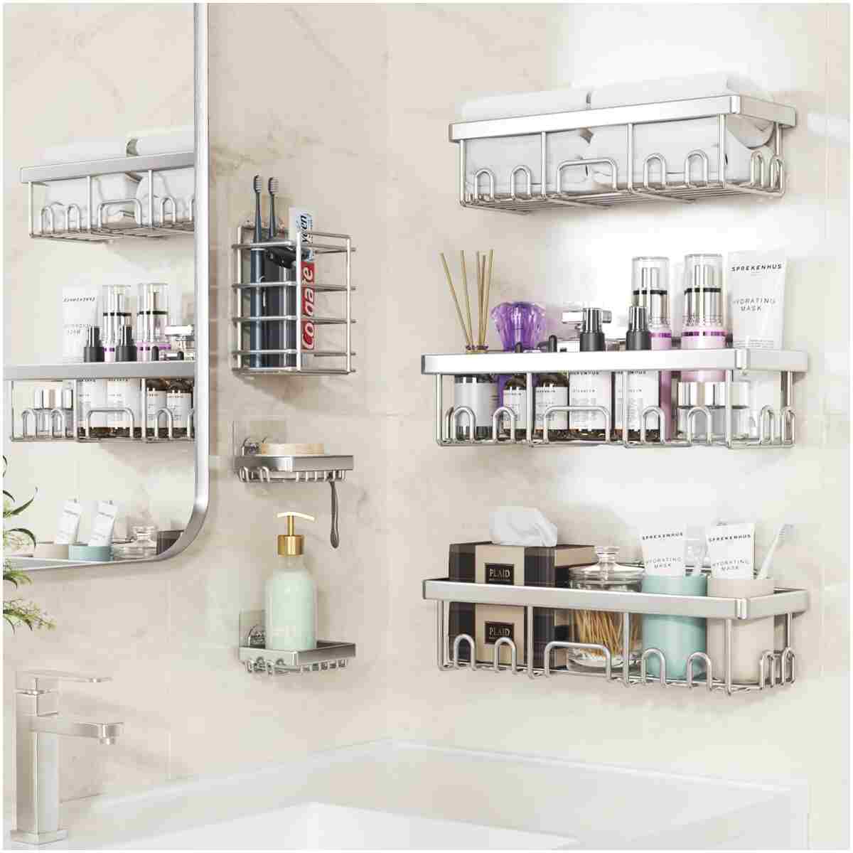 Veken Stainless Steel Shower Caddy 6-Pack, Ideal for Gift, Large Wall Mounted Shower Rack, Bathroom Shelves Over Toilet, Organizer Storage Accessories with Soap Dish &...