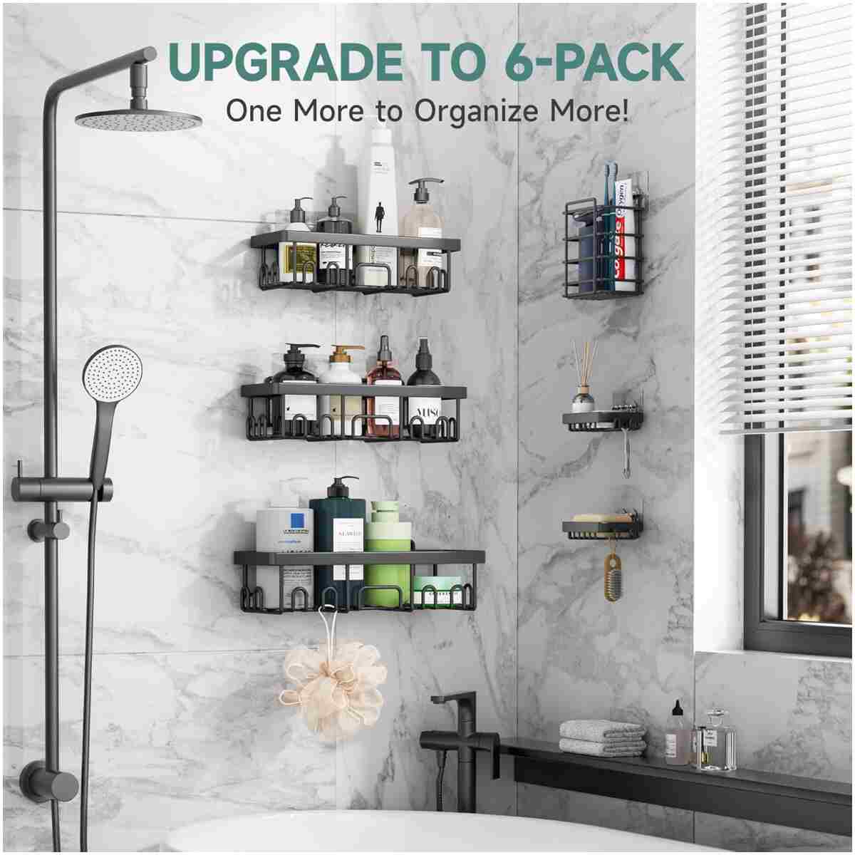 Veken Stainless Steel Shower Caddy 6-Pack, No Drilling & Rustproof, Waterproof Adhesive Shelves Rack with Soap Holder, Large Capacity Bathroom Organizers and Storage,...