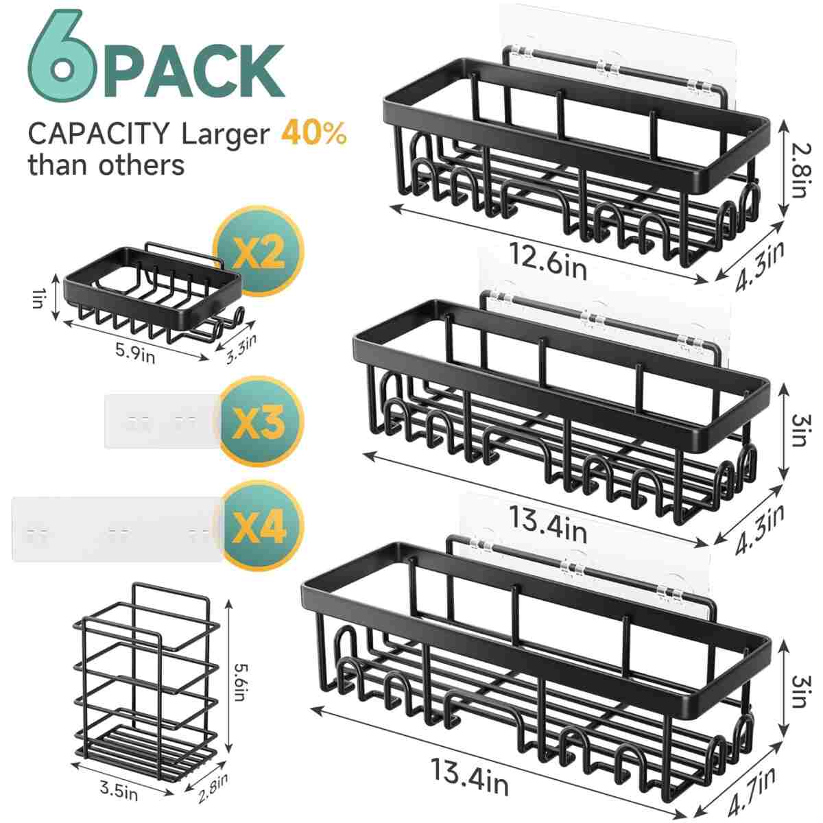 Veken Stainless Steel Shower Caddy 6-Pack, No Drilling & Rustproof, Waterproof Adhesive Shelves Rack with Soap Holder, Large Capacity Bathroom Organizers and Storage,...