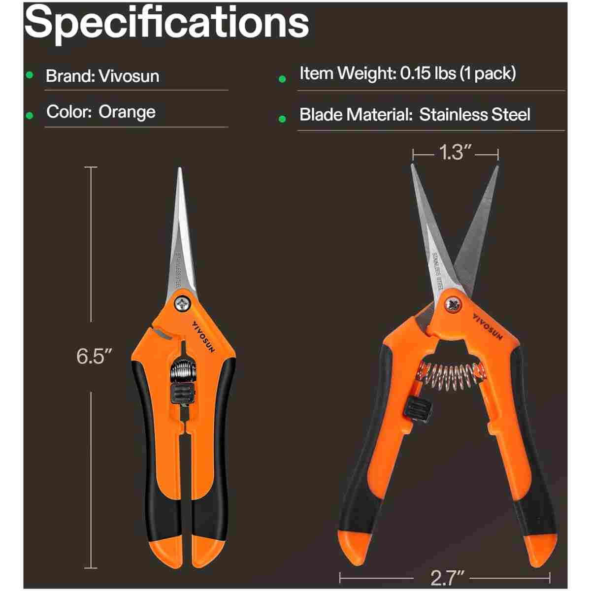 VIVOSUN 6.5 Inch Gardening Scissors Hand Pruner Pruning Shear with Straight Stainless Steel Blades Orange 1-Pack