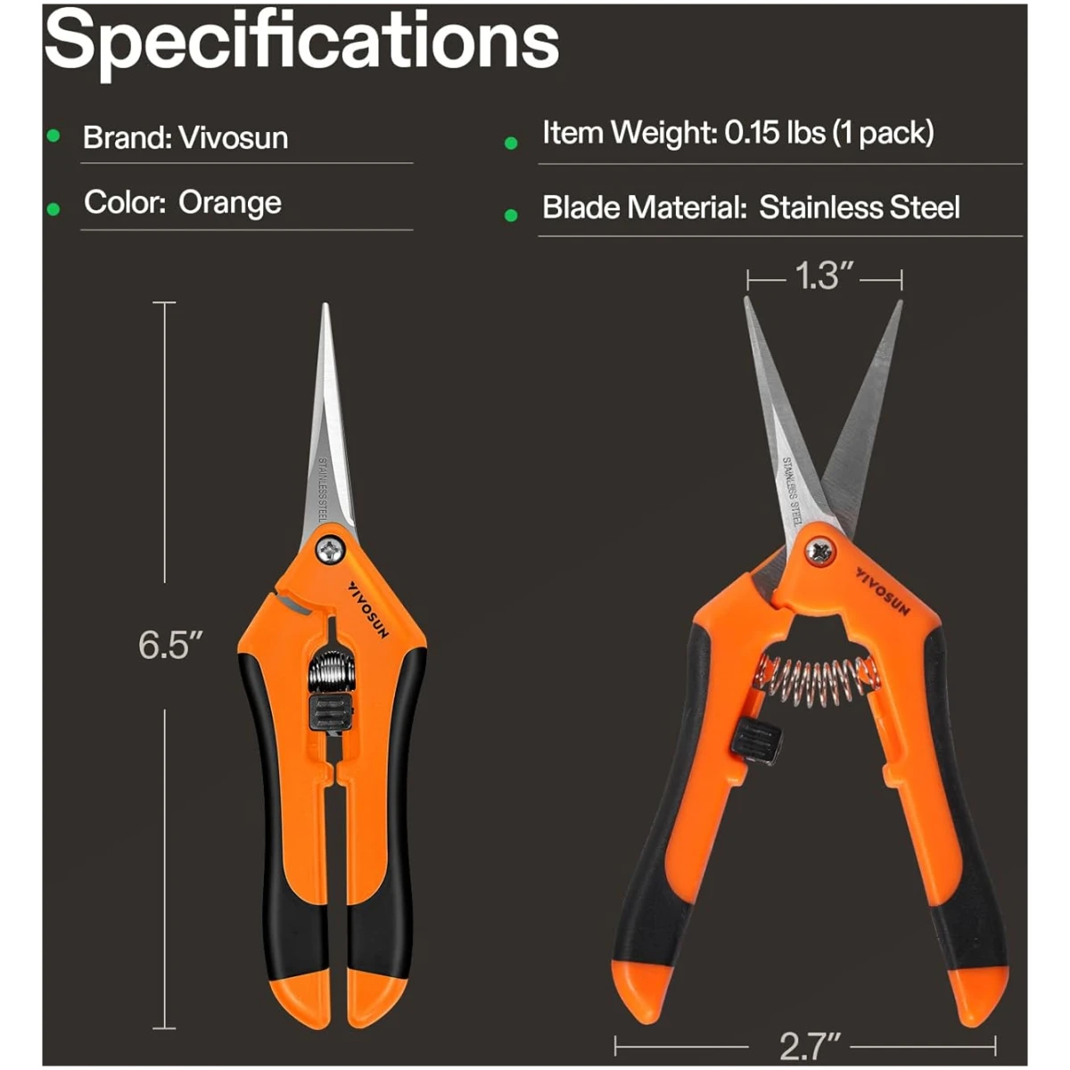 VIVOSUN 6.5 Inch Gardening Scissors Hand Pruner Pruning Shear with Straight Stainless Steel Blades Orange 1-Pack