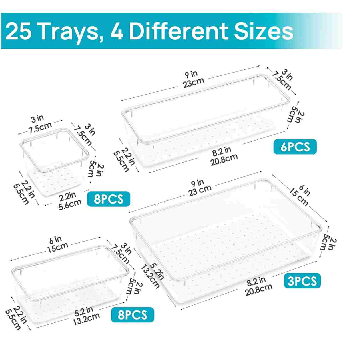Vtopmart 25 PCS Clear Plastic Drawer Organizers Set, 4-Size Versatile Bathroom and Vanity Drawer Organizer Trays, Storage Bins for Makeup, Bedroom, Kitchen Gadgets Utensils and...