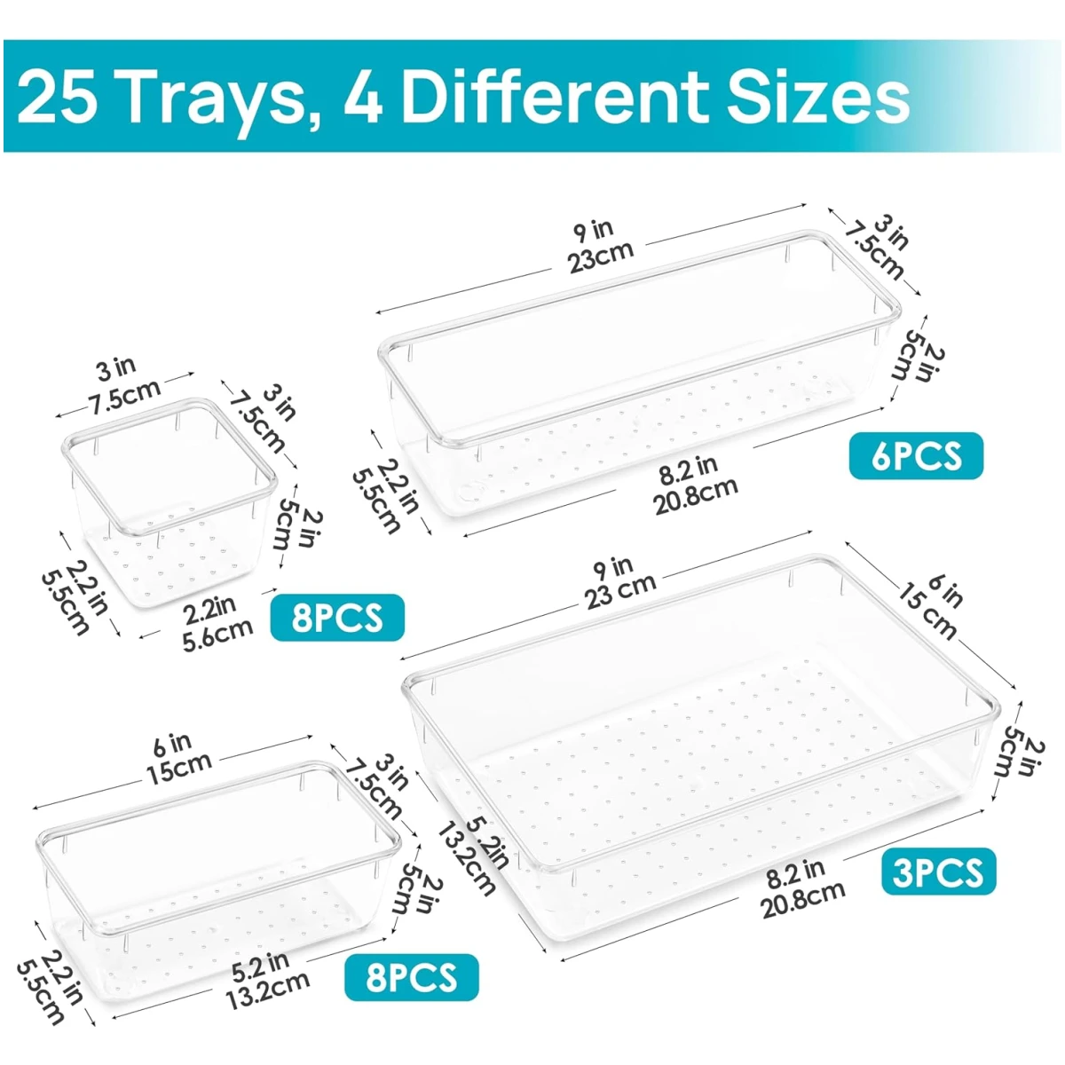 Vtopmart 25 PCS Clear Plastic Drawer Organizers Set, 4-Size Versatile Bathroom and Vanity Drawer Organizer Trays, Storage Bins for Makeup, Bedroom, Kitchen Gadgets Utensils and...