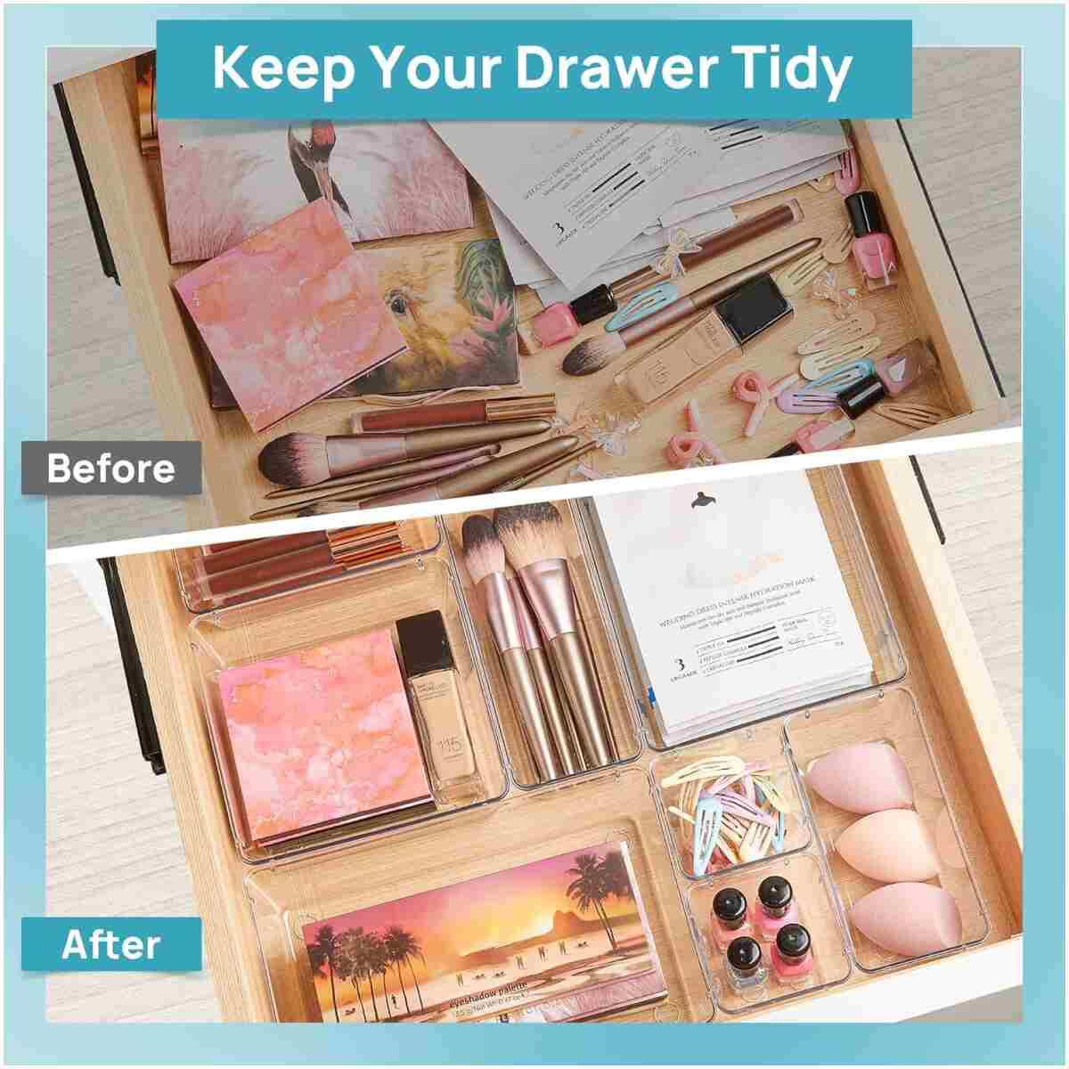 Vtopmart 25 PCS Clear Plastic Drawer Organizers Set, 4-Size Versatile Bathroom and Vanity Drawer Organizer Trays, Storage Bins for Makeup, Bedroom, Kitchen Gadgets Utensils and...