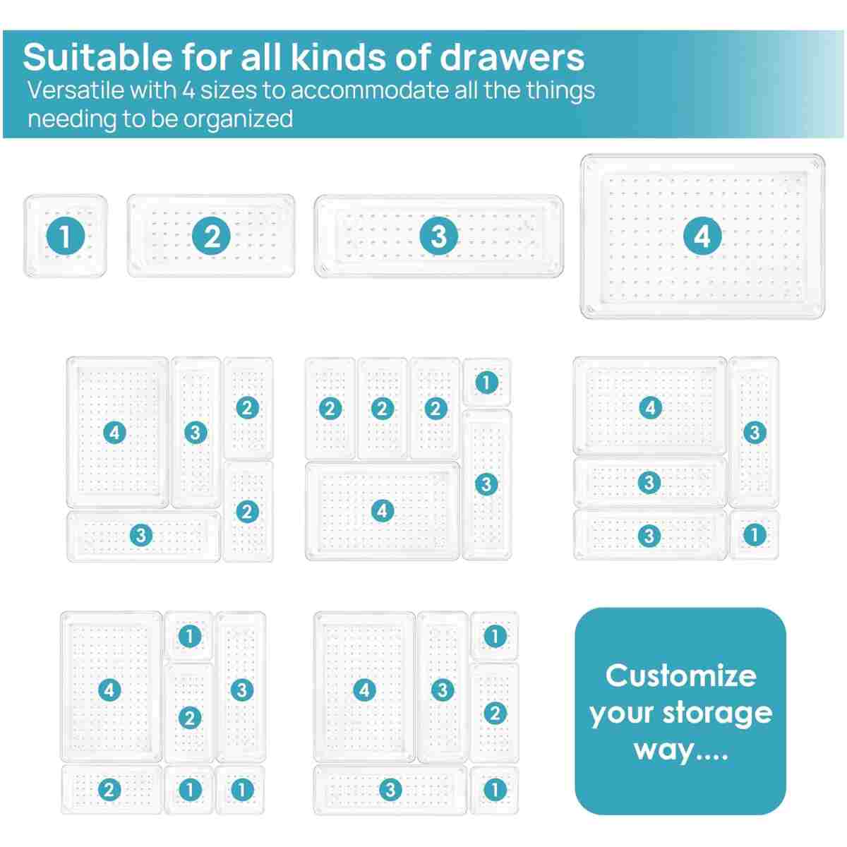 Vtopmart 25 PCS Clear Plastic Drawer Organizers Set, 4-Size Versatile Bathroom and Vanity Drawer Organizer Trays, Storage Bins for Makeup, Bedroom, Kitchen Gadgets Utensils and...