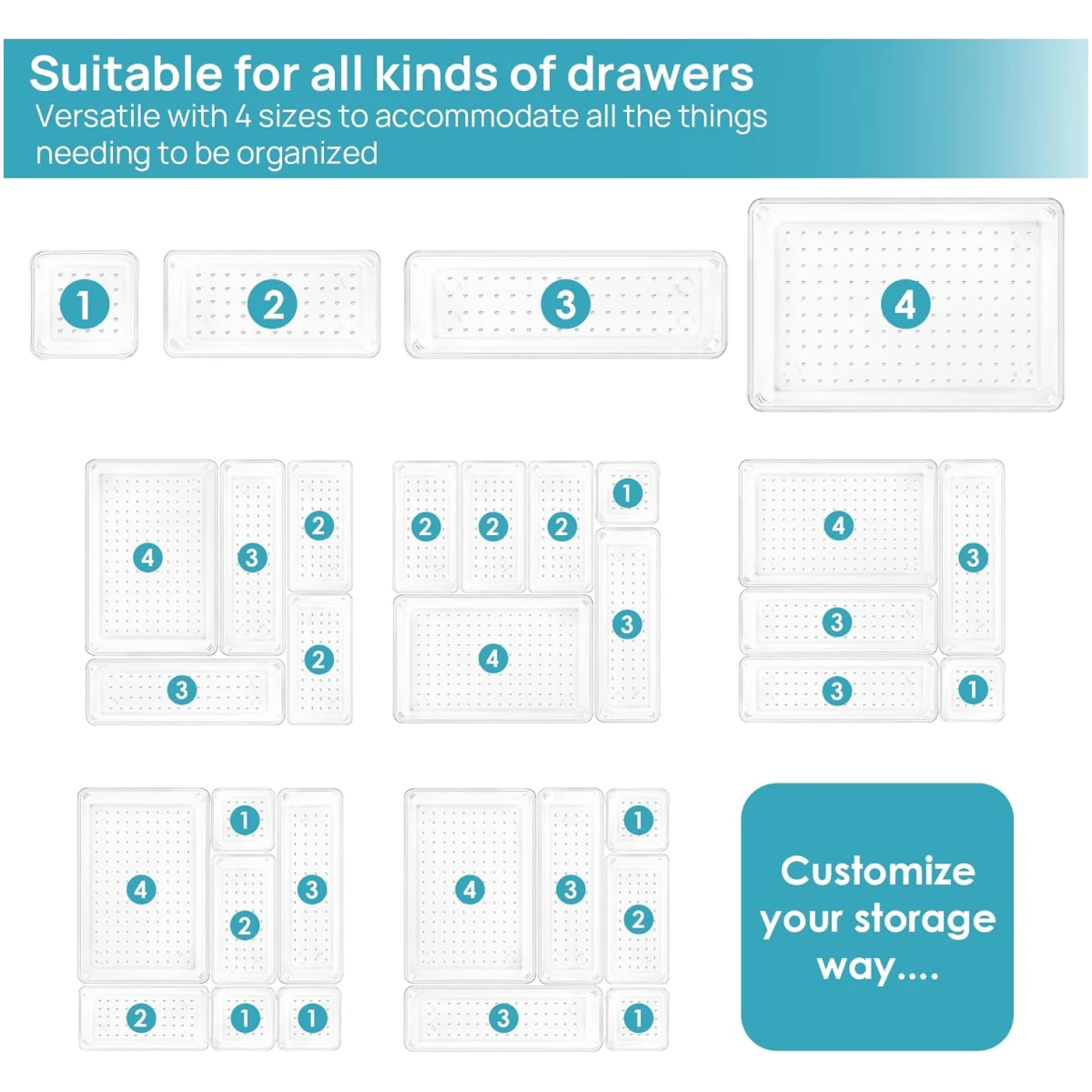 Vtopmart 25 PCS Clear Plastic Drawer Organizers Set, 4-Size Versatile Bathroom and Vanity Drawer Organizer Trays, Storage Bins for Makeup, Bedroom, Kitchen Gadgets Utensils and...