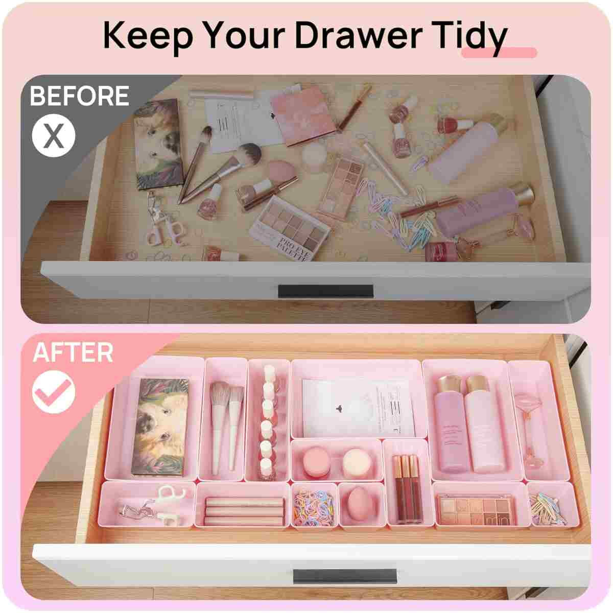 Vtopmart 25 PCS Plastic Drawer Organizers Set, 4-Size Versatile Bathroom and Vanity Drawer Organizer Trays, Storage Bins for Makeup, Bedroom, Kitchen Gadgets Utensils and Office