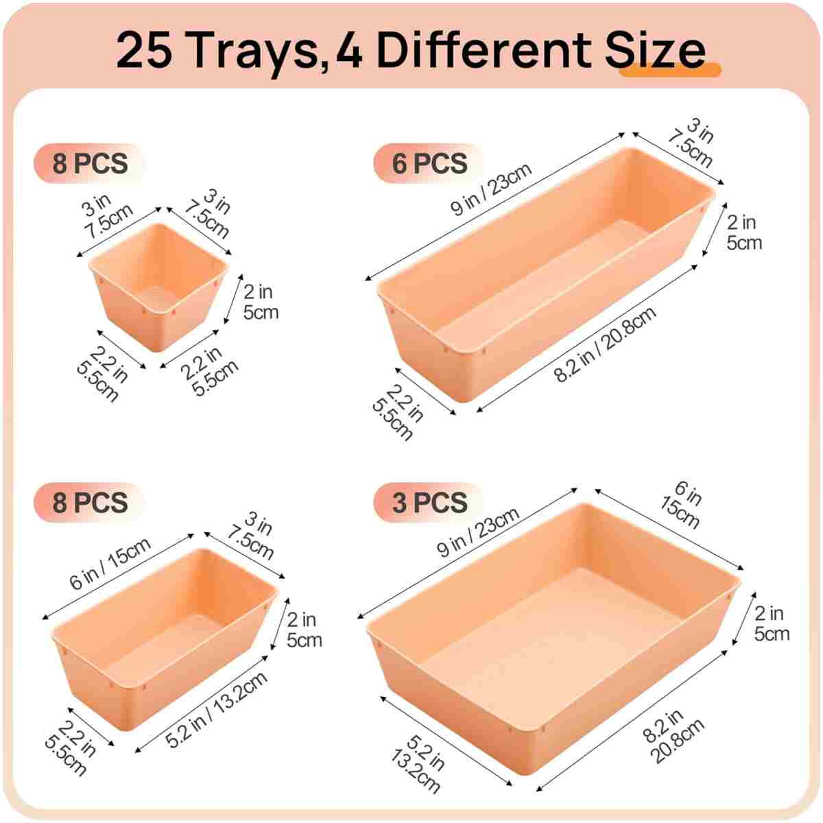 Vtopmart 25 PCS Plastic Drawer Organizers Set, 4-Size Versatile Bathroom and Vanity Drawer Organizer Trays, Storage Bins for Makeup, Bedroom, Kitchen Gadgets Utensils and Office