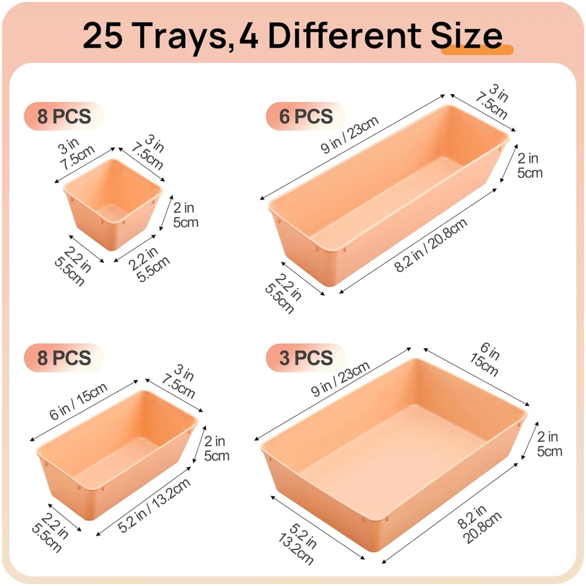 Vtopmart 25 PCS Plastic Drawer Organizers Set, 4-Size Versatile Bathroom and Vanity Drawer Organizer Trays, Storage Bins for Makeup, Bedroom, Kitchen Gadgets Utensils and Office