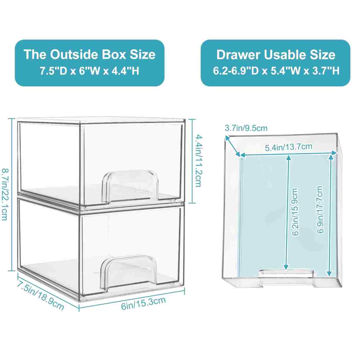 Vtopmart 4 Pack Clear Stackable Storage Drawers, 4.4'' Tall Acrylic Bathroom Makeup Organizer,Plastic Storage Bins For Vanity, Undersink, Kitchen Cabinets, Pantry, Home...
