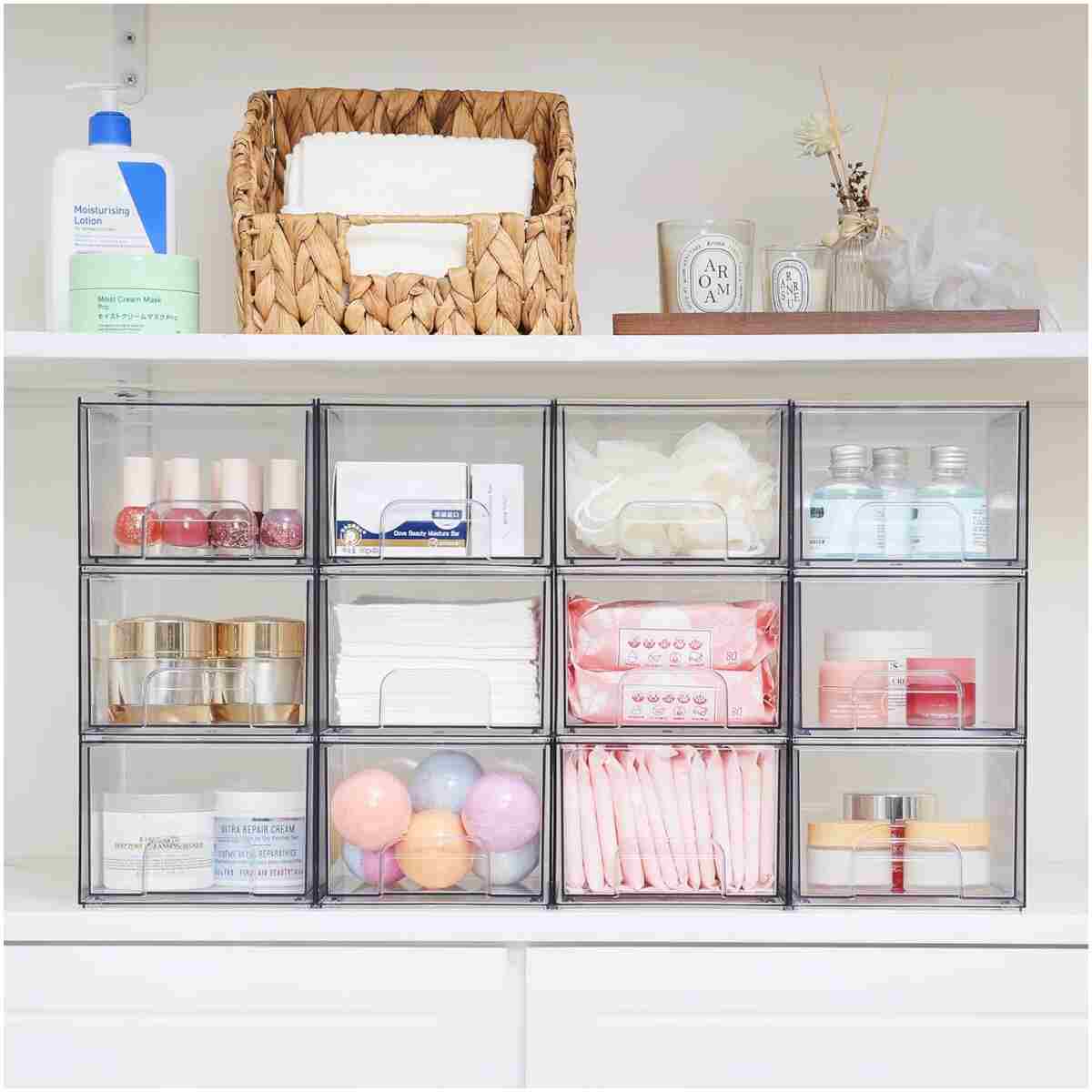 Vtopmart 4 Pack Clear Stackable Storage Drawers, 4.4'' Tall Acrylic Bathroom Makeup Organizer,Plastic Storage Bins For Vanity, Undersink, Kitchen Cabinets, Pantry, Home...