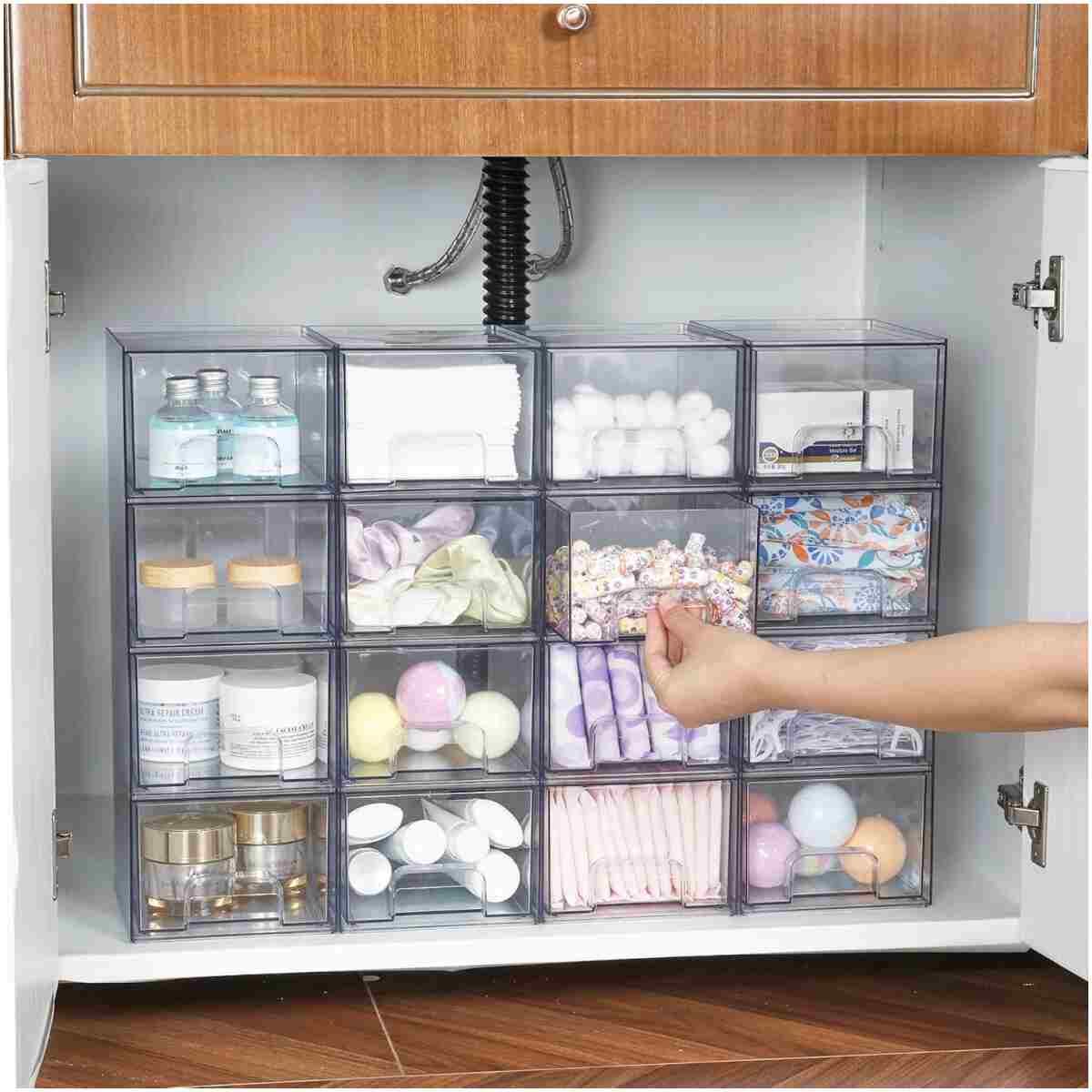 Vtopmart 4 Pack Clear Stackable Storage Drawers, 4.4'' Tall Acrylic Bathroom Makeup Organizer,Plastic Storage Bins For Vanity, Undersink, Kitchen Cabinets, Pantry, Home...