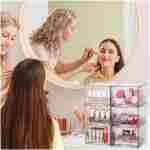 Vtopmart 4 Pack Clear Stackable Storage Drawers, 4.4'' Tall Acrylic Bathroom Makeup Organizer,Plastic Storage Bins For Vanity, Undersink, Kitchen Cabinets, Pantry, Home...