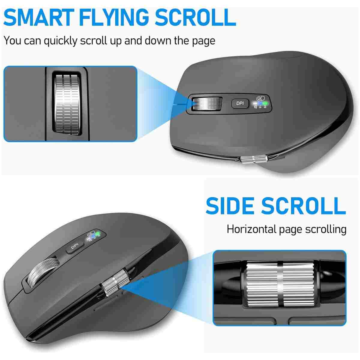 Wireless Bluetooth Side Scroll Mouse with Multi-Device, Ergonomic Computer Mice with Smart Flying Scroll, Quiet Click for Computer, Laptop, iPad, Tablet, MacBook