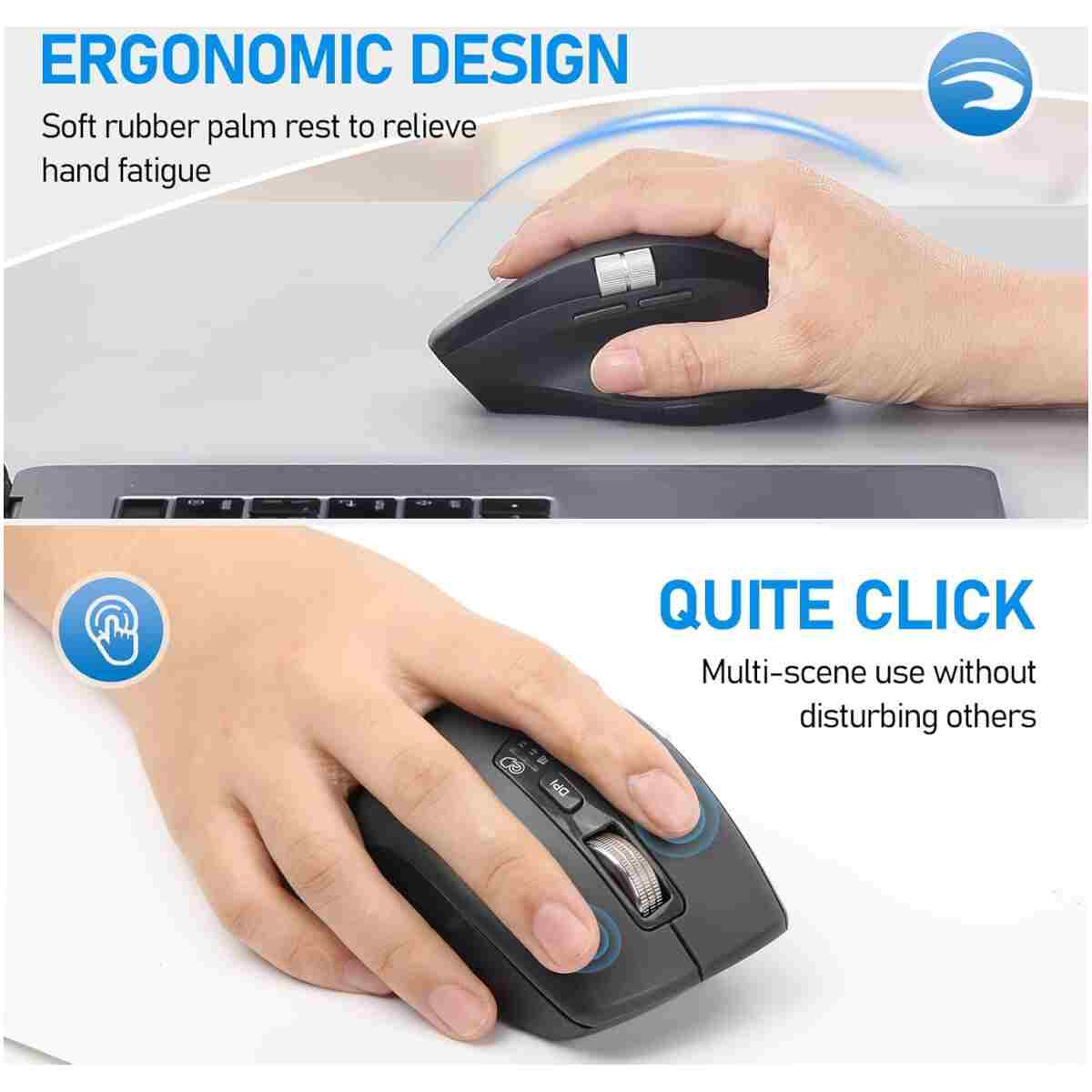 Wireless Bluetooth Side Scroll Mouse with Multi-Device, Ergonomic Computer Mice with Smart Flying Scroll, Quiet Click for Computer, Laptop, iPad, Tablet, MacBook