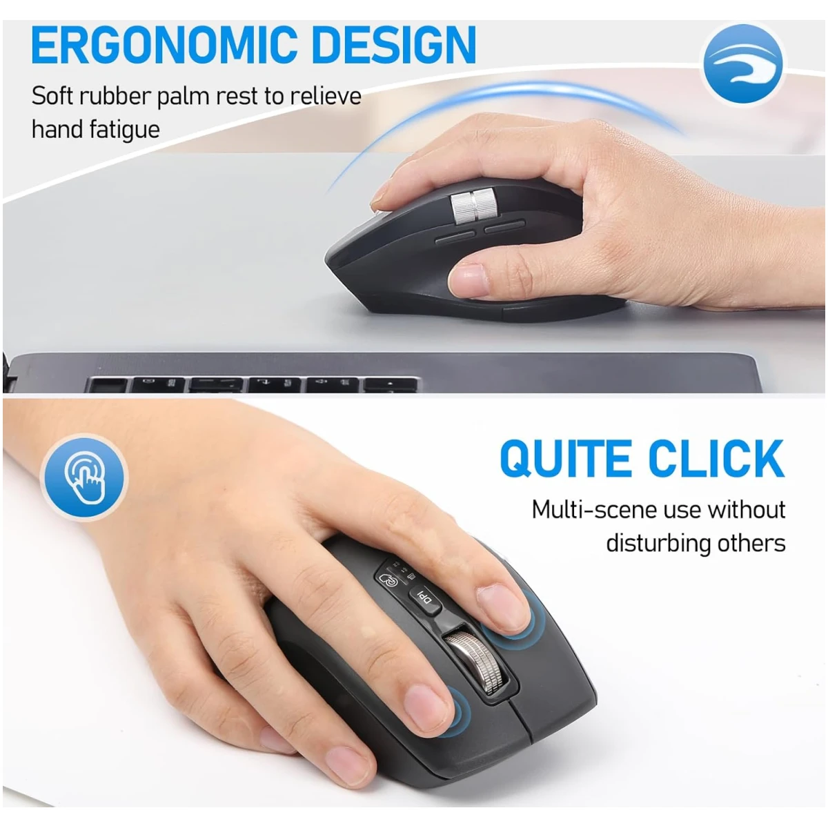 Wireless Bluetooth Side Scroll Mouse with Multi-Device, Ergonomic Computer Mice with Smart Flying Scroll, Quiet Click for Computer, Laptop, iPad, Tablet, MacBook