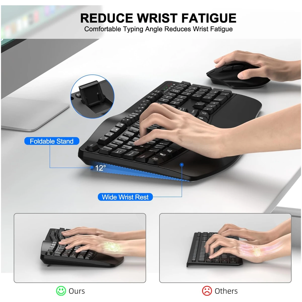 Wireless Keyboard and Mouse Combo, 2.4G Full Size Wave Keys Ergonomic Keyboard with Wrist Rest and 3-Level DPI Adjustable Wireless Ergonomic Mouse for Windows, Mac OS...