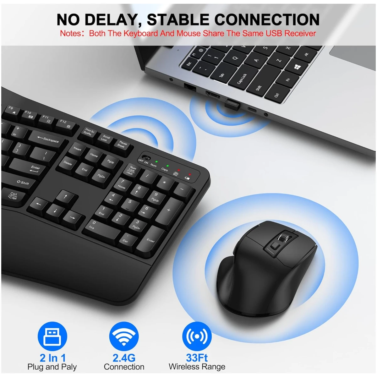 Wireless Keyboard and Mouse Combo, 2.4G Full Size Wave Keys Ergonomic Keyboard with Wrist Rest and 3-Level DPI Adjustable Wireless Ergonomic Mouse for Windows, Mac OS...