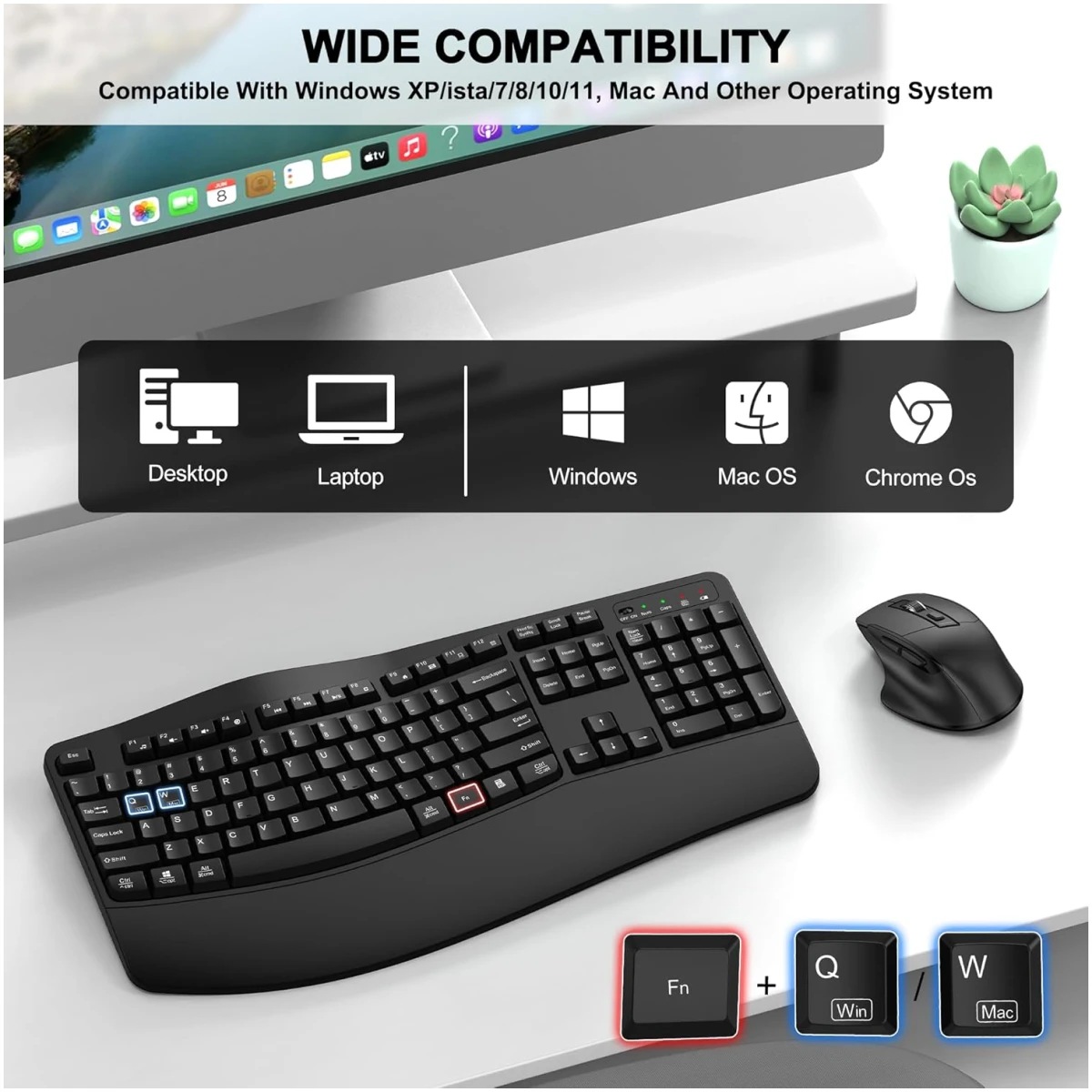 Wireless Keyboard and Mouse Combo, 2.4G Full Size Wave Keys Ergonomic Keyboard with Wrist Rest and 3-Level DPI Adjustable Wireless Ergonomic Mouse for Windows, Mac OS...