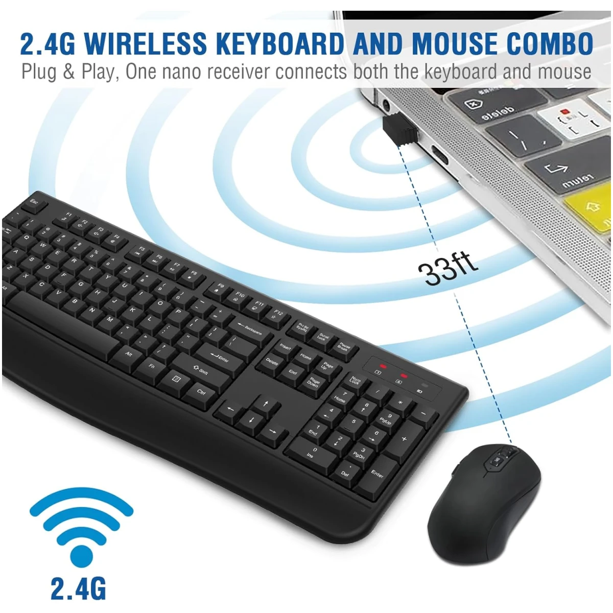 Wireless Keyboard and Mouse Combo, EDJO 2.4G Full-Sized Ergonomic Computer Keyboard with Wrist Rest and 3 Level DPI Adjustable Wireless Mouse for Windows, Mac OS Desktop/Laptop/PC