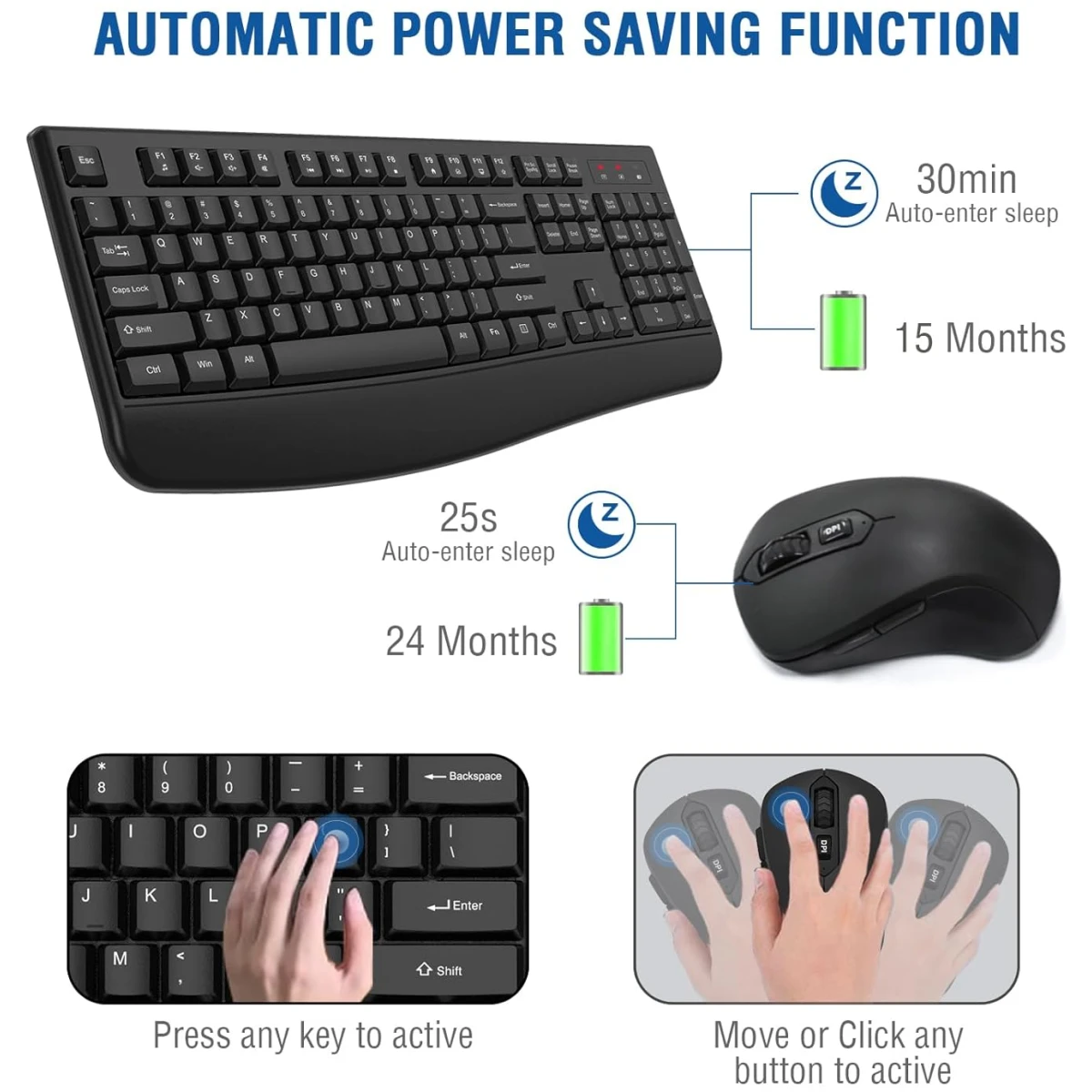 Wireless Keyboard and Mouse Combo, EDJO 2.4G Full-Sized Ergonomic Computer Keyboard with Wrist Rest and 3 Level DPI Adjustable Wireless Mouse for Windows, Mac OS Desktop/Laptop/PC
