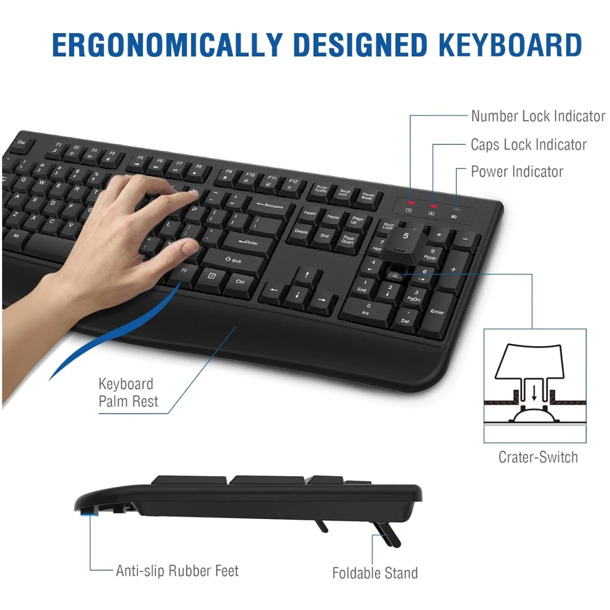 Wireless Keyboard and Mouse Combo, EDJO 2.4G Full-Sized Ergonomic Computer Keyboard with Wrist Rest and 3 Level DPI Adjustable Wireless Mouse for Windows, Mac OS Desktop/Laptop/PC