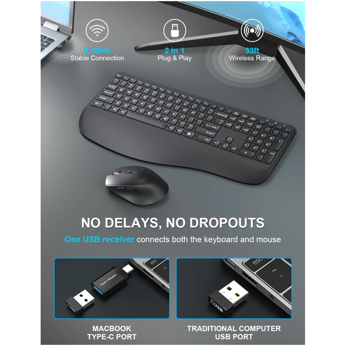 Wireless Keyboard and Mouse Combo, EDJO 2.4G Full-Sized Ergonomic Computer Keyboard with Wrist Rest and 3 Level DPI Adjustable Wireless Mouse for Windows, Mac OS Desktop/Laptop/PC