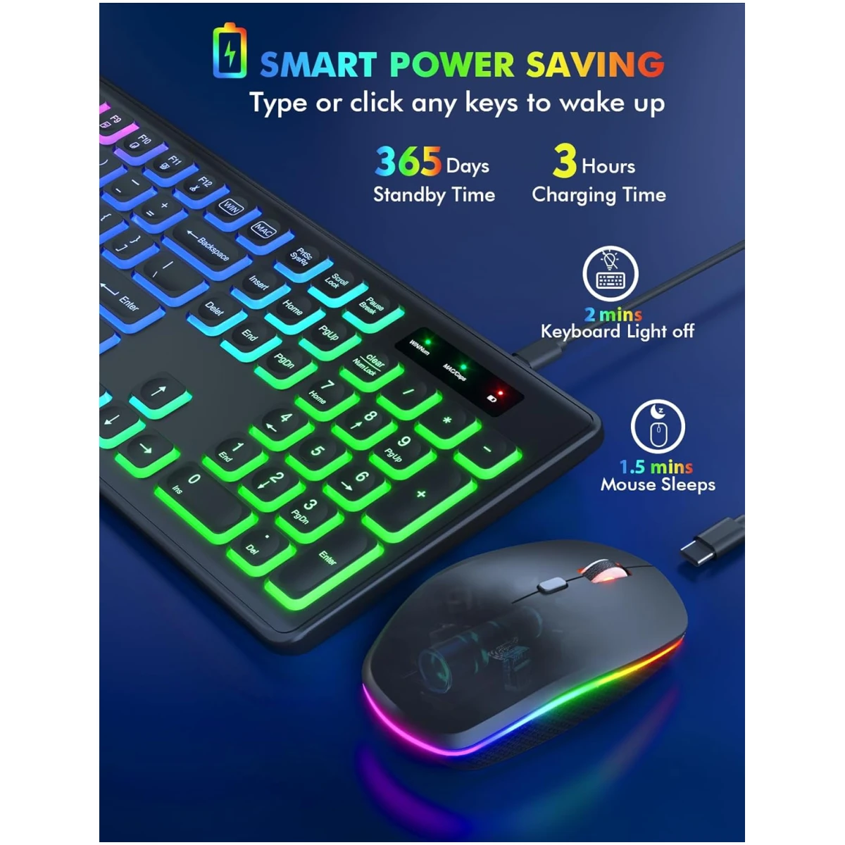 Wireless Keyboard and Mouse Combo - RGB Backlit, Rechargeable & Light Up Letters, Full-Size, Ergonomic Tilt Angle, Sleep Mode, 2.4GHz Quiet Keyboard Mouse for Mac, Windows,...