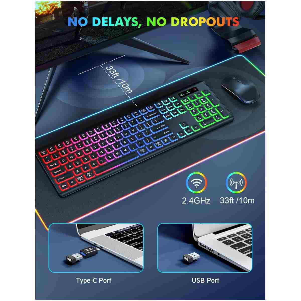 Wireless Keyboard and Mouse Combo - RGB Backlit, Rechargeable & Light Up Letters, Full-Size, Ergonomic Tilt Angle, Sleep Mode, 2.4GHz Quiet Keyboard Mouse for Mac, Windows,...