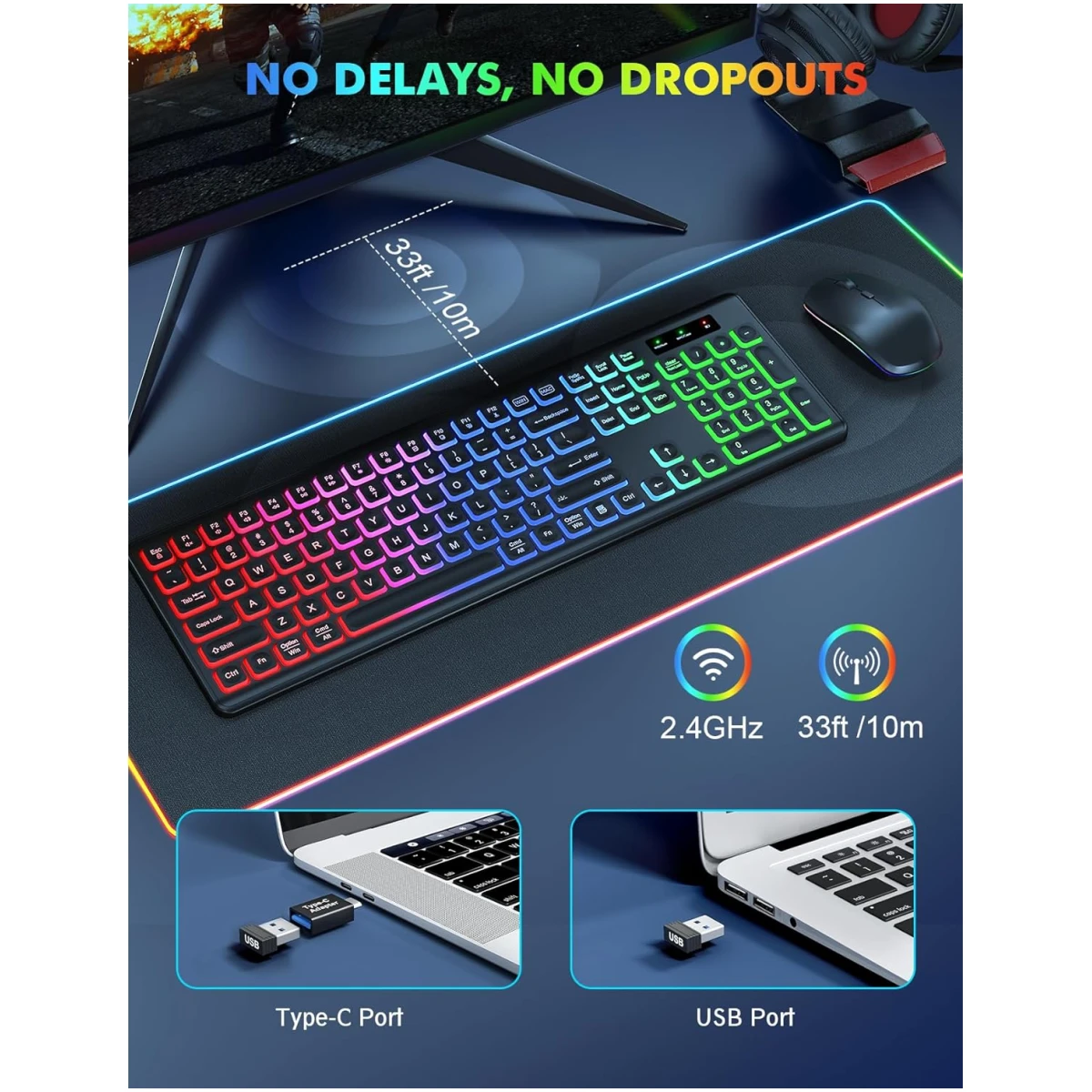 Wireless Keyboard and Mouse Combo - RGB Backlit, Rechargeable & Light Up Letters, Full-Size, Ergonomic Tilt Angle, Sleep Mode, 2.4GHz Quiet Keyboard Mouse for Mac, Windows,...
