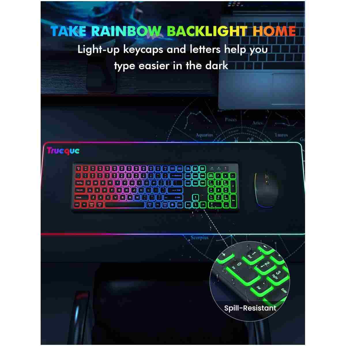 Wireless Keyboard and Mouse Combo - RGB Backlit, Rechargeable & Light Up Letters, Full-Size, Ergonomic Tilt Angle, Sleep Mode, 2.4GHz Quiet Keyboard Mouse for Mac, Windows,...