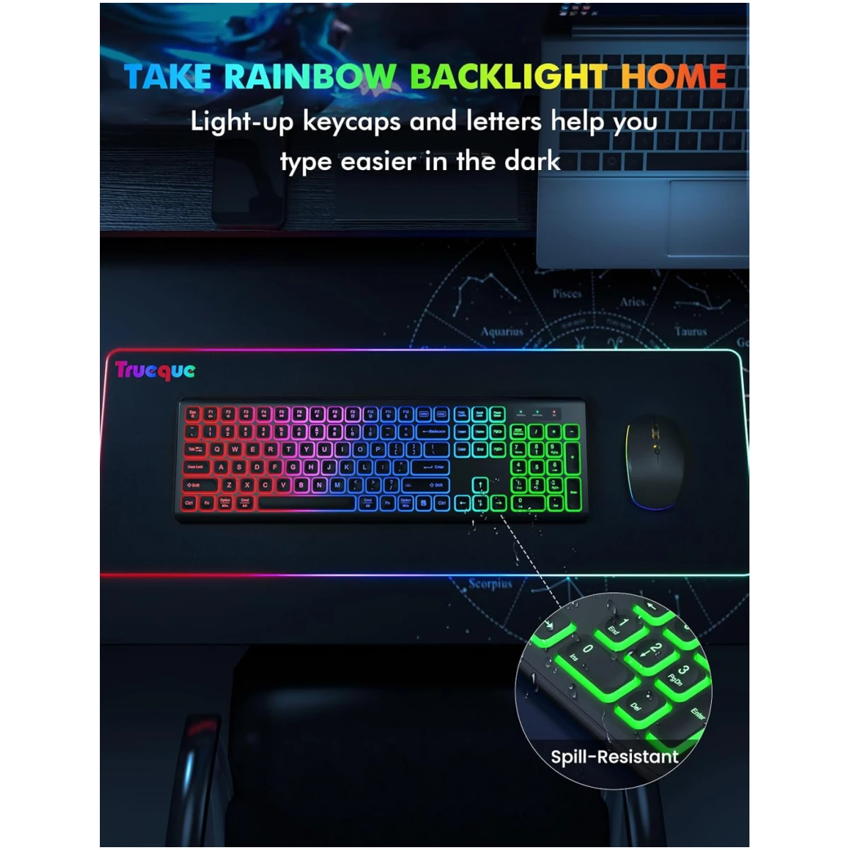 Wireless Keyboard and Mouse Combo - RGB Backlit, Rechargeable & Light Up Letters, Full-Size, Ergonomic Tilt Angle, Sleep Mode, 2.4GHz Quiet Keyboard Mouse for Mac, Windows,...