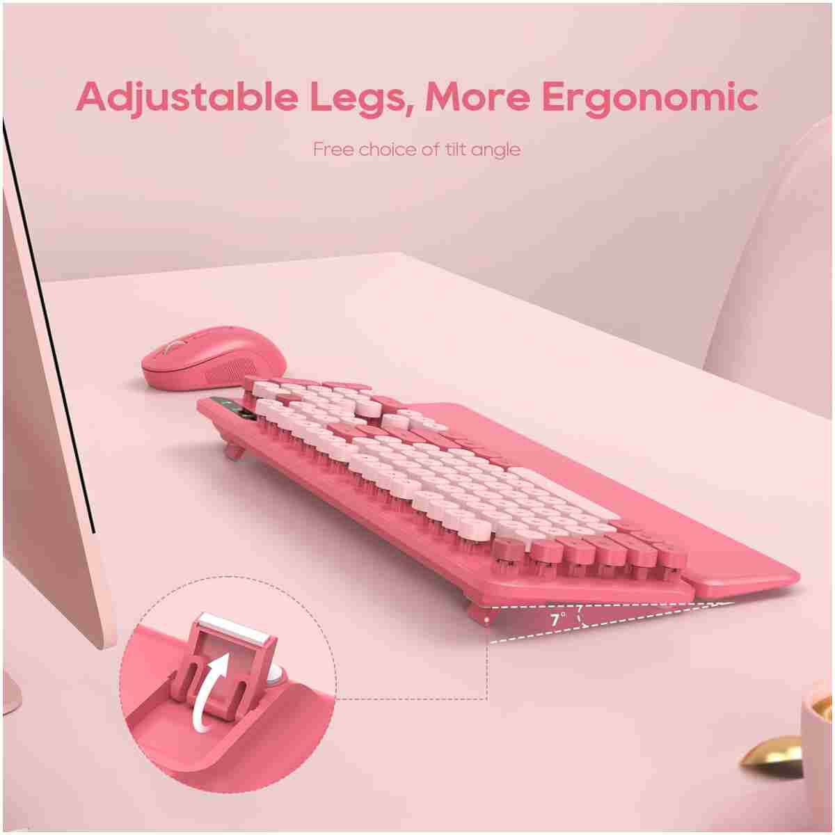 Wireless Keyboard and Mouse Combo - Round Keycaps, Full-Size Retro Typewriter Keyboard with Detachable Wrist Rest, Sleep Mode & Tilt Legs, 2.4GHz Cordless Connection for...